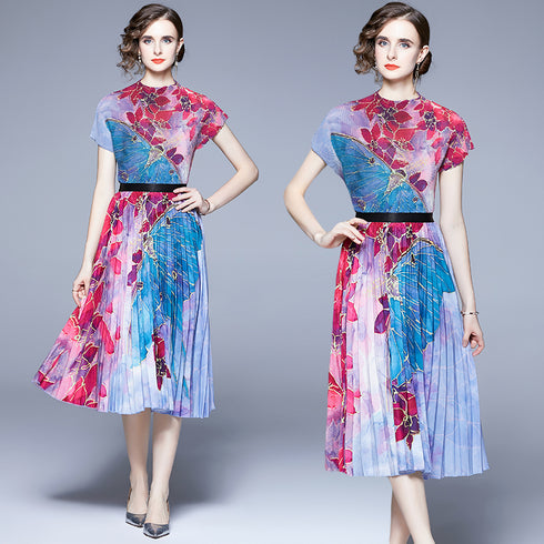 Splashy Vibrant Autumn Fashion Floral 2-Pcs Set, O-Neck Top + Pleated Skirt, Stretchable Fabric, Trendy Office, Holiday, Evening Women Dress